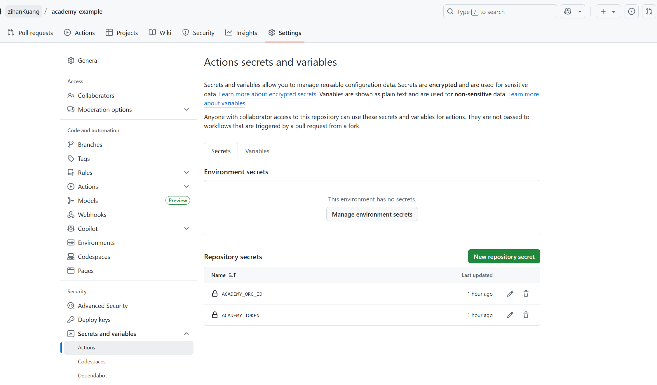 Secrets page showing correct configuration